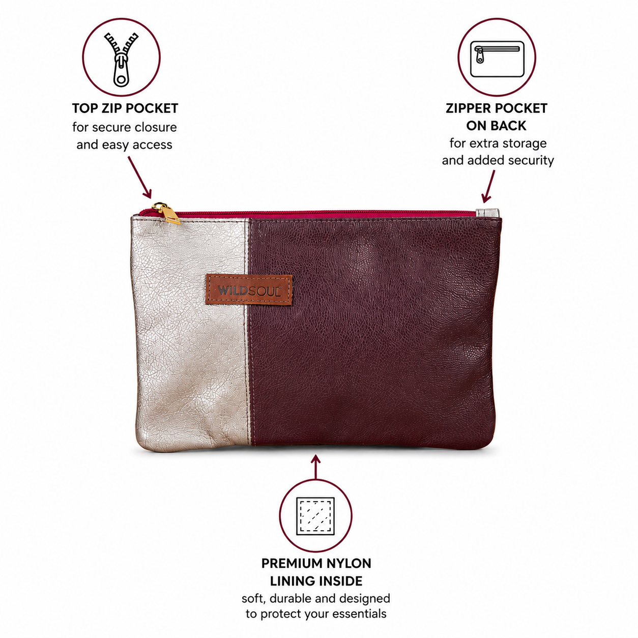 Wildsoul Slim Zip Pouch Burgundy Silver