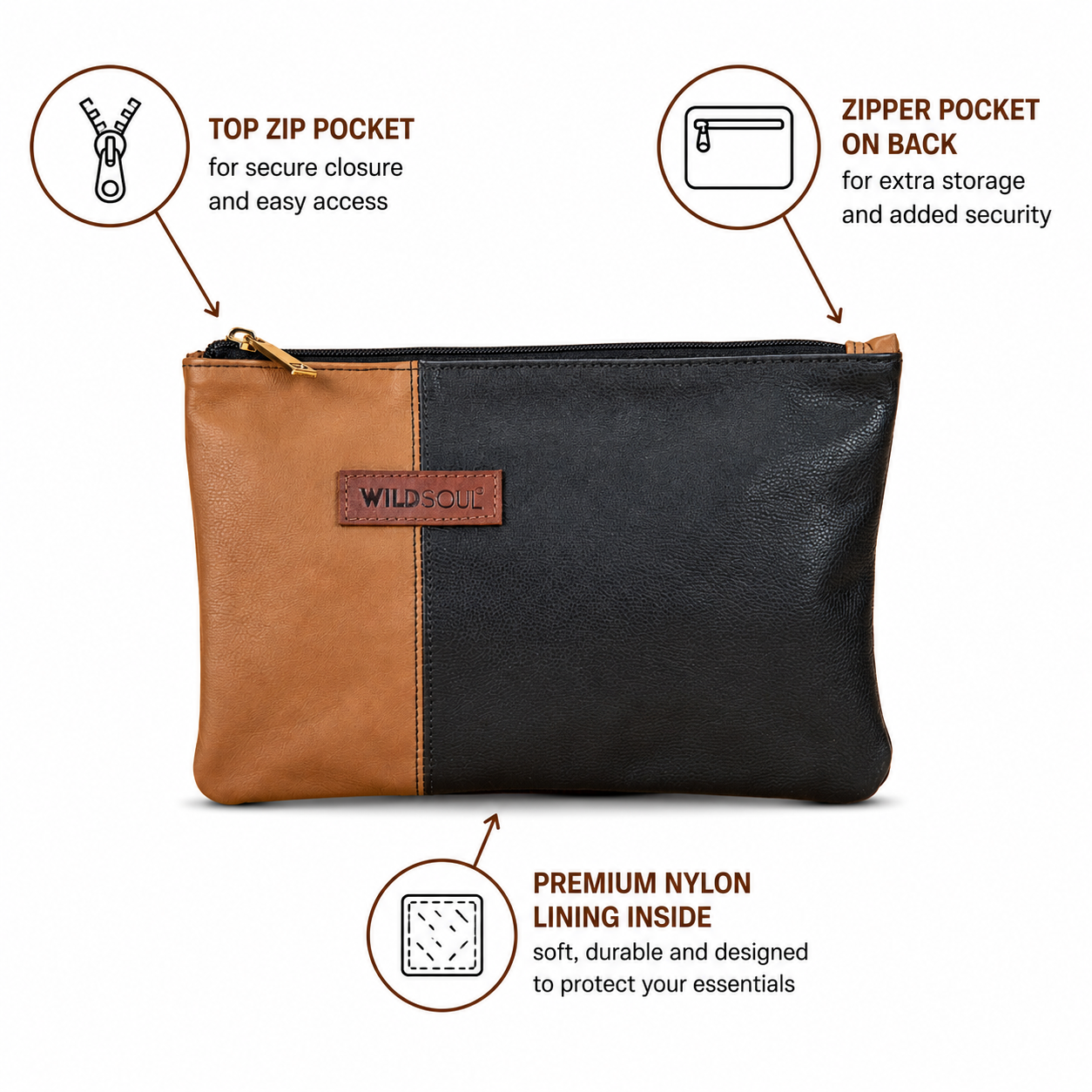 Wildsoul Slim Zip Pouch Cappuccino Black